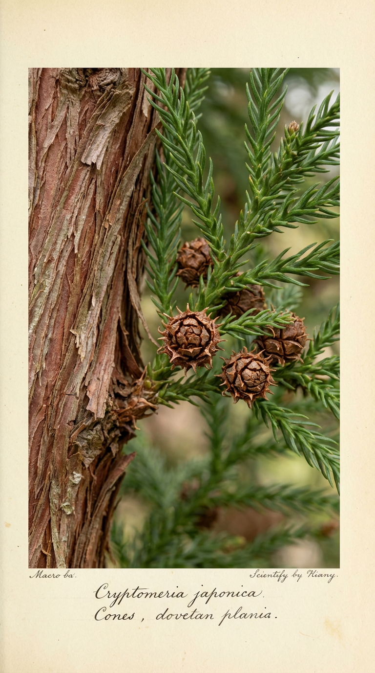 Close-up of Cryptomeria japonica bark and foliage